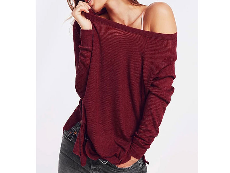 Women's Burgundy Slit Design Plain One Shoulder Long Sleeves Knitted Top