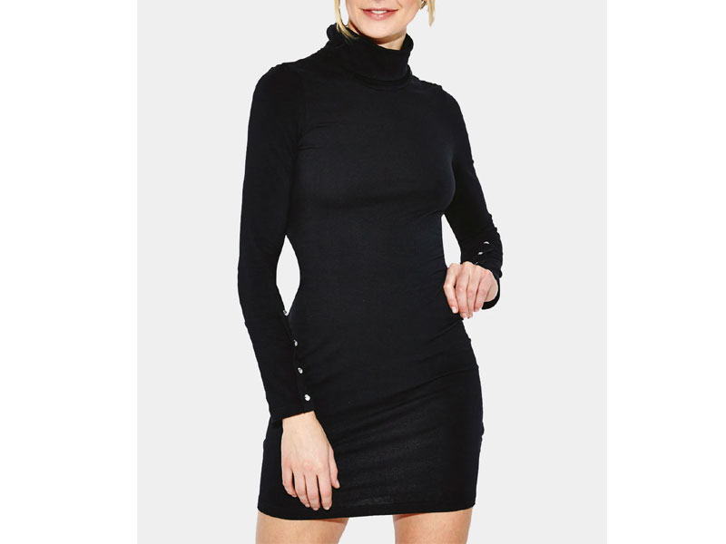Women's Black High Neck Bodycon Mini Dress With Long Sleeves