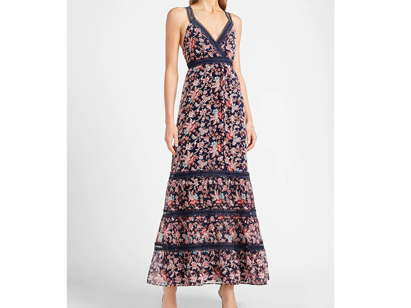 Women's Floral Lace Pieced Tiered Maxi Dress
