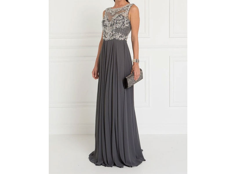 Elizabeth-K Jeweled Illusion Bateau Chiffon A Line Gown Women's Dress