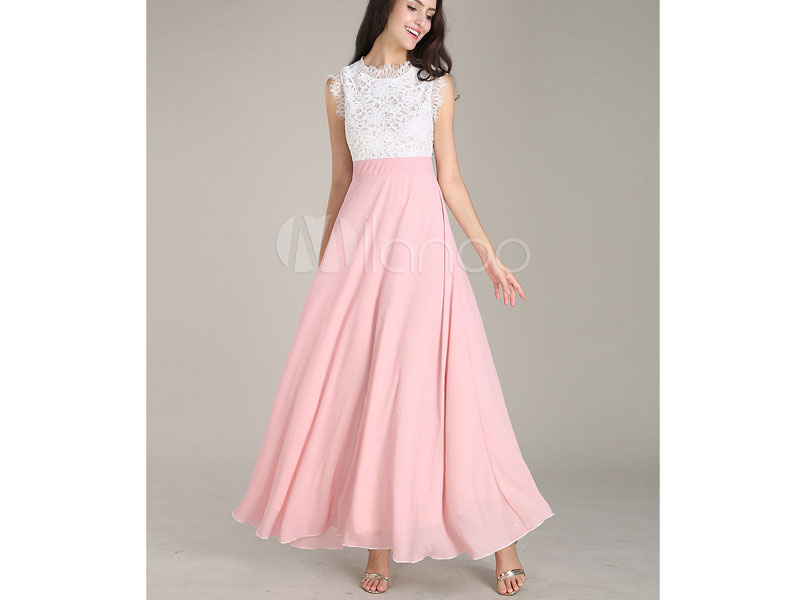Women's White Lace &Chiffon Maxi Dress