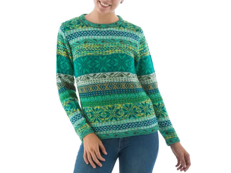 Women's Multicolor Sweater In Greens And Blues Cozy Forest By Fernando Cano