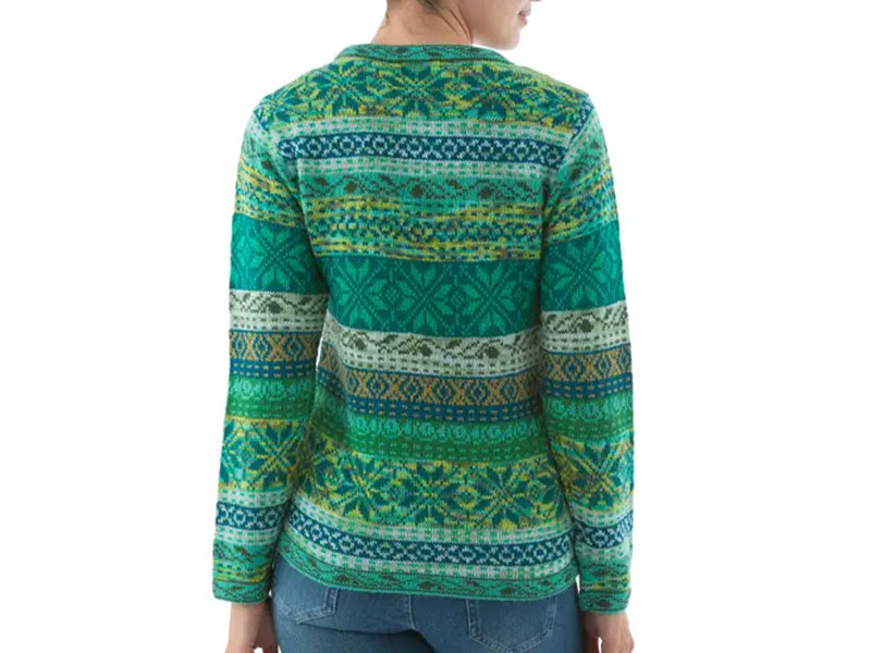 Women's Multicolor Sweater In Greens And Blues Cozy Forest By Fernando Cano