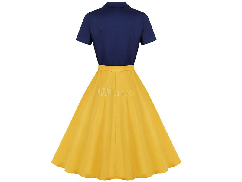 Women's Vintage Dress 1950s Yellow Collar Rockabilly Dress