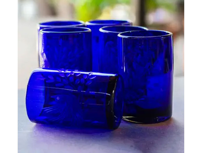 Etched Blue Blown Glass Tumblers Set of 6 Paloma Azul