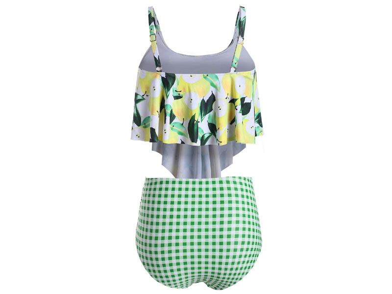 Women's Plus Size Lemon Print Overlay Plaid Tankini Swimsuit