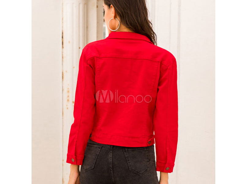 Women's Red Denim Jackets Front Button Long Sleeve Casual Field Red