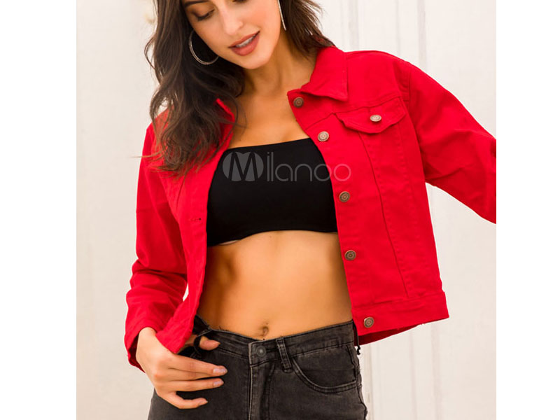 Women's Red Denim Jackets Front Button Long Sleeve Casual Field Red