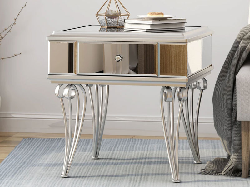 Mamie Modern Mirrored Accent Table With Drawer Tempered Glass