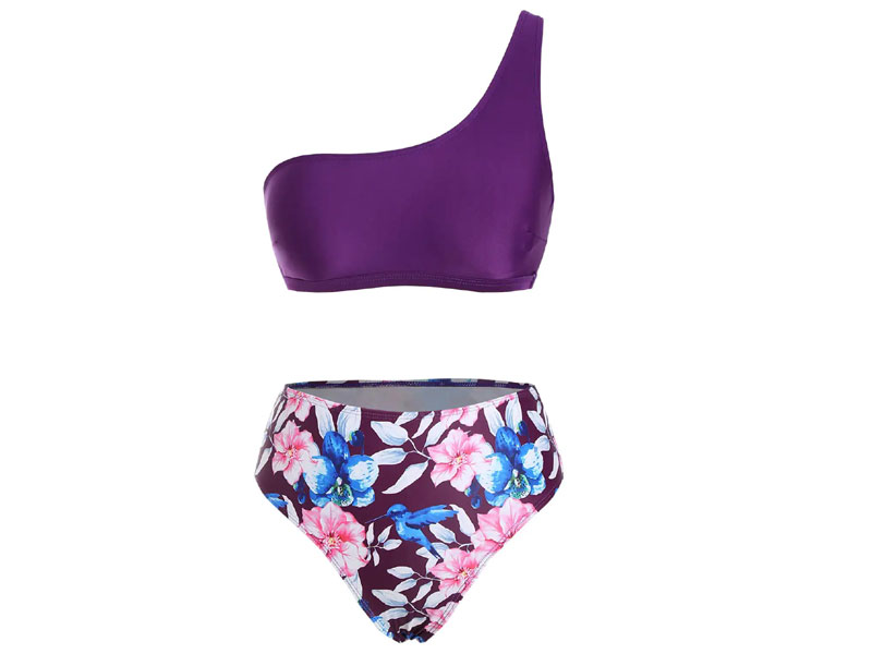 Women's One Shoulder Floral Leaf Print Bikini Swimwear