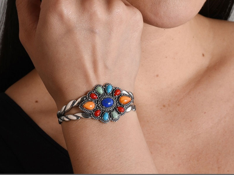 American West Jewelry Women's Sterling Silver Multi-Color Gemstone Cuff Bracelet