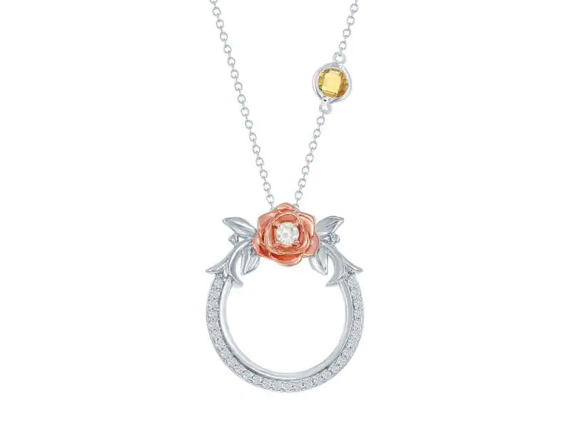 Women's Enchanted Disney Belle's Rose Diamond and Citrine Circle Pendant 1/5ctw