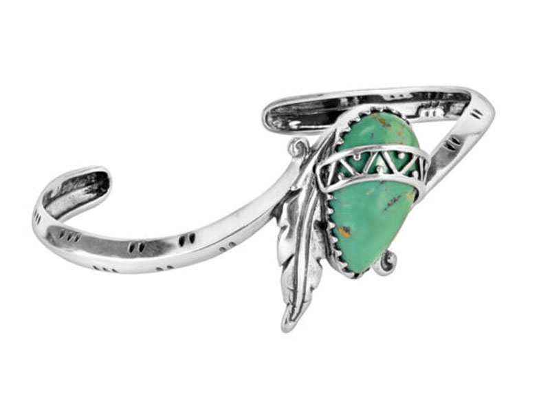 American West Jewelry Women's Sterling Silver Green Feather Band Cuff Bracelet