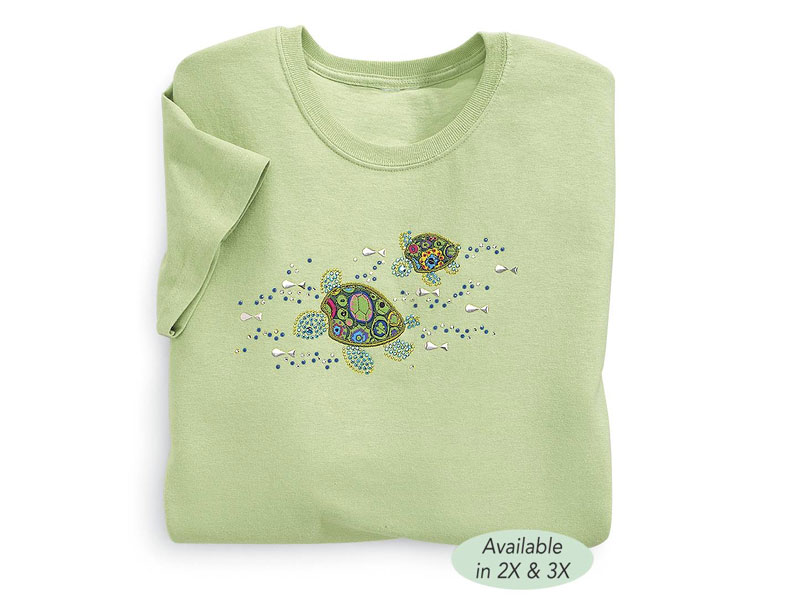 Embroidered Tropical Turtles T-Shirt For Women