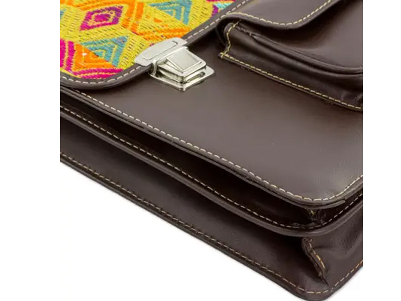 Espresso Leather And Multicolored Cotton Laptop Bag Textile Tradition