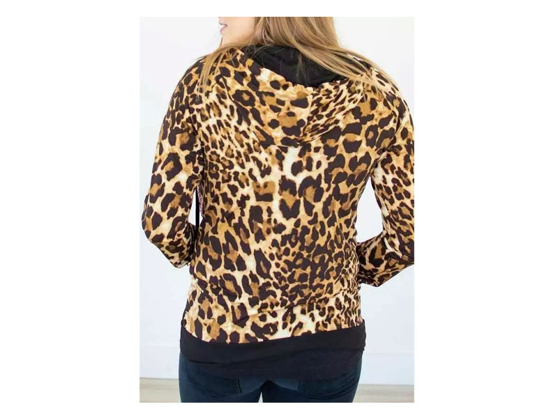 Women's Sequined Leopard Splicing Kangaroo Pocket Zipper Hoodie