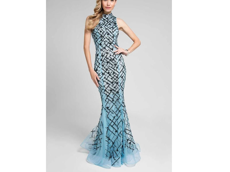 Women's Terani Couture Beautiful Beaded Pattern Mock Neck Mermaid Dress