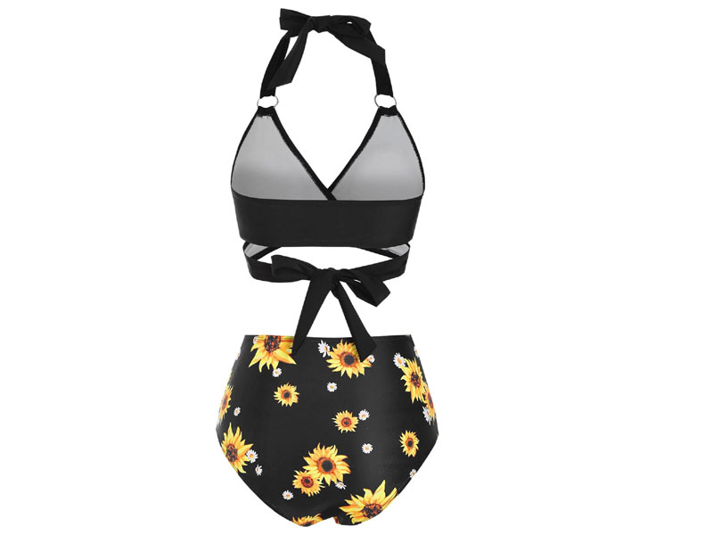Women's Ring Sunflower Knot High Waisted Wrap Bikini Swimwear