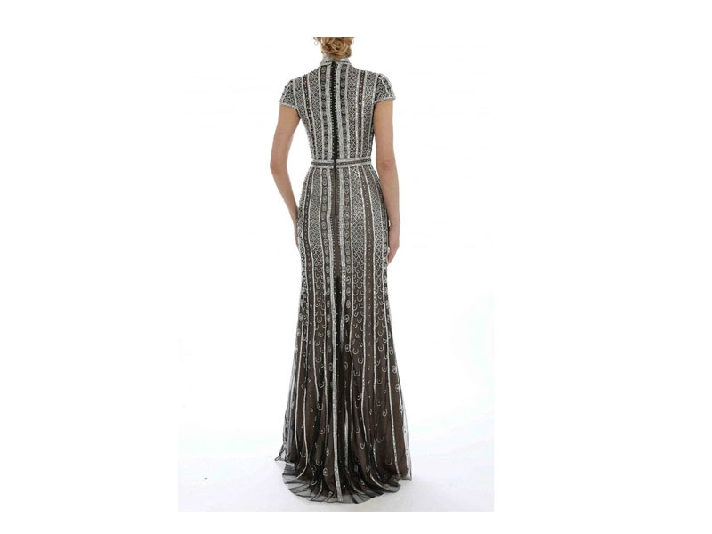Women's Terani Couture Beaded High Neck Gown With Slit Dress