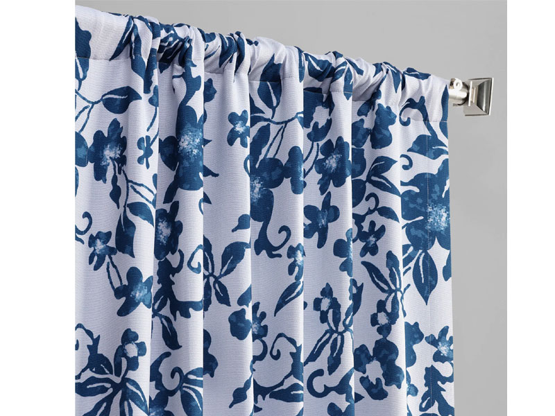 Temple Garden Blue Printed Linen Textured Blackout Curtain