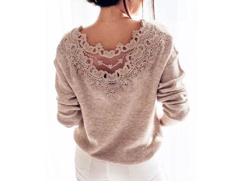 Women's Lace Splicing Hollow Out Long Sleeve Sweater Light Brown