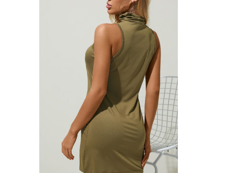 Women's Yoins BASICS Army Green High Neck Sleeveless Mini Dress