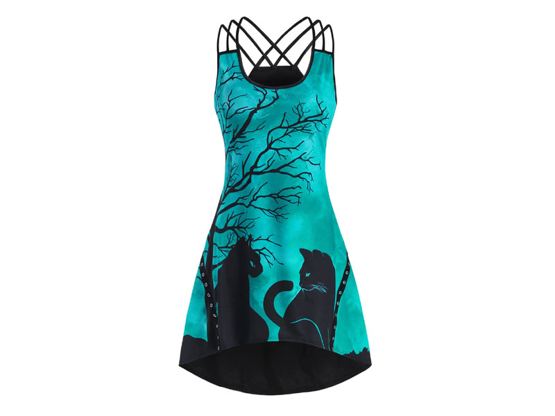 Women's Crisscross Tree Cat Print Grommet High Low Dress