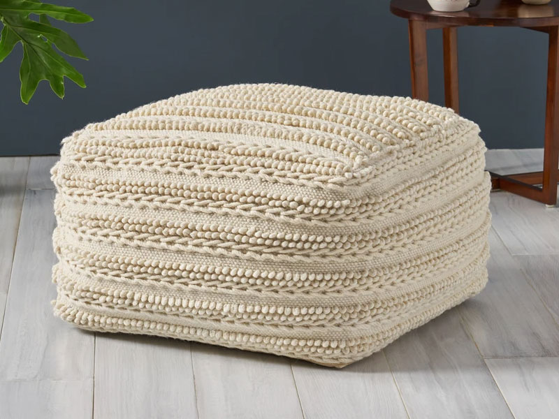 Marcia Large Square Casual Pouf Modern Contemporary Ecru Wool And Cotton