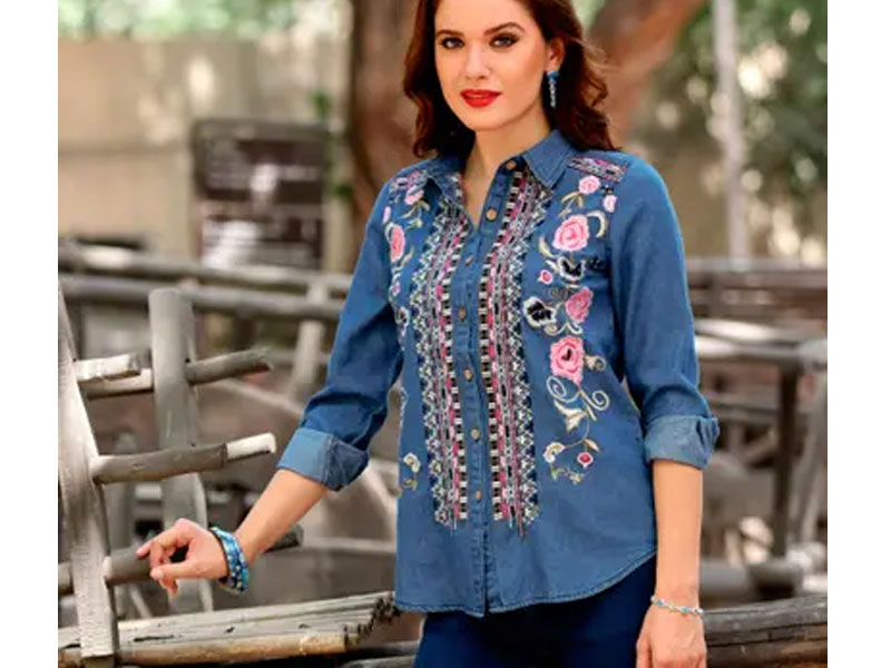 Women's Handcrafted Blue Cotton Denim Embroidered Long Sleeve Blouse