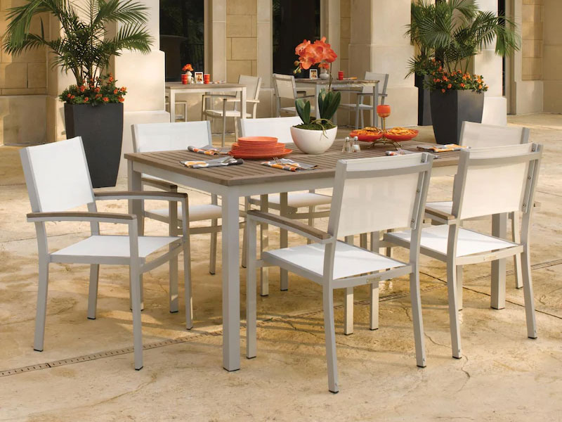 Travira 7 Piece Aluminum Patio Dining Set W/ Natural Sling Stacking Chairs