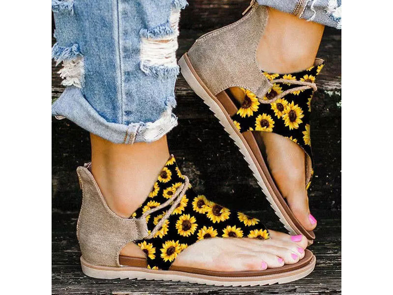 Women's Summer Sunflower Zipper Flat Sandals