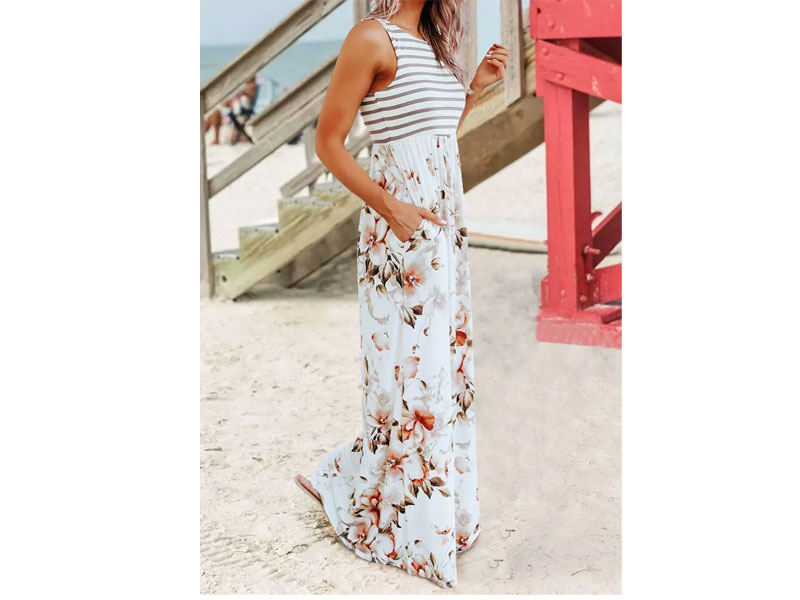 Women's Floral Striped Pocket Sleeveless Maxi Dress White