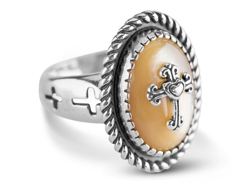 American West Jewelry Sterling Silver Gold Mother of Pearl Gemstone Cross Ring