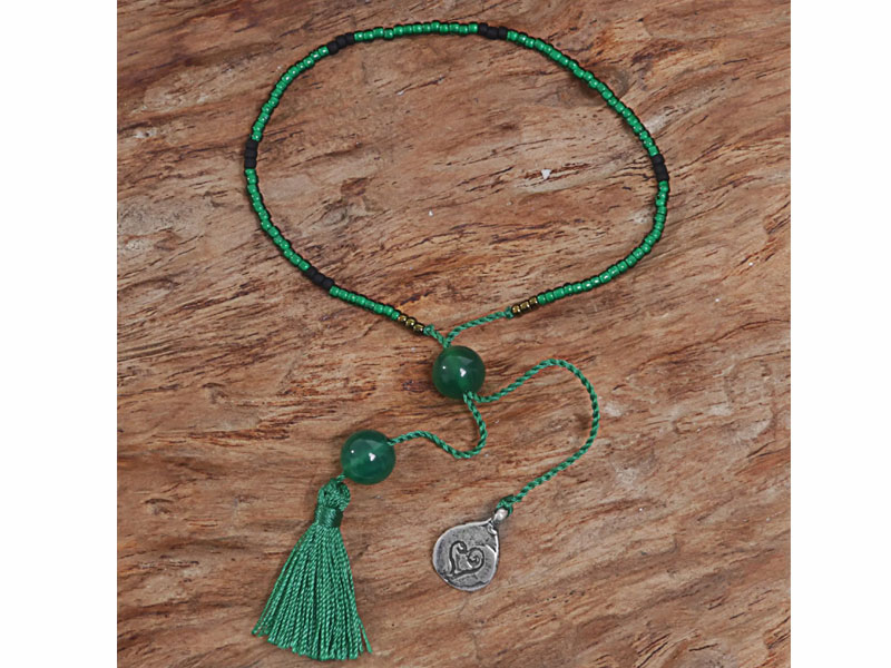 Women's Bali Green Quartz Beaded Bracelet with a Silver Heart Charm