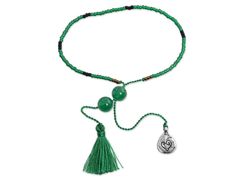 Women's Bali Green Quartz Beaded Bracelet with a Silver Heart Charm