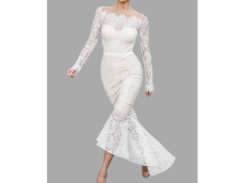 Women's White Off-The-Shoulder Lace Fishtail Maxi Party Dress