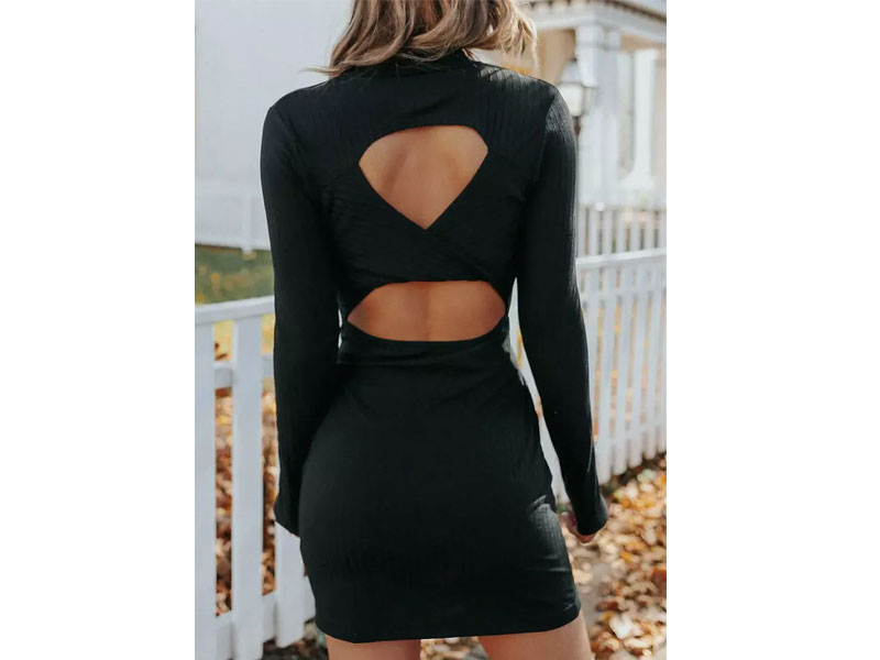 Women's Hollow Out Twist Long Sleeve Bodycon Dress Black