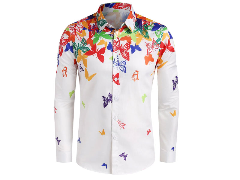 Men's Colorful Butterfly Print Button Up Long Sleeve Shirt