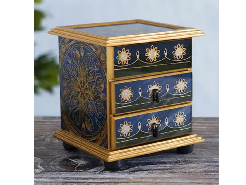 Reverse Painted Floral Glass Jewelry Box Chest from Peru Vintage Blue