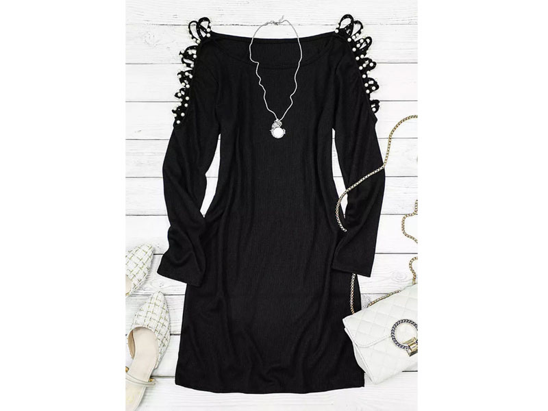 Women's Beading Criss-Cross Long Sleeve Bodycon Dress Black
