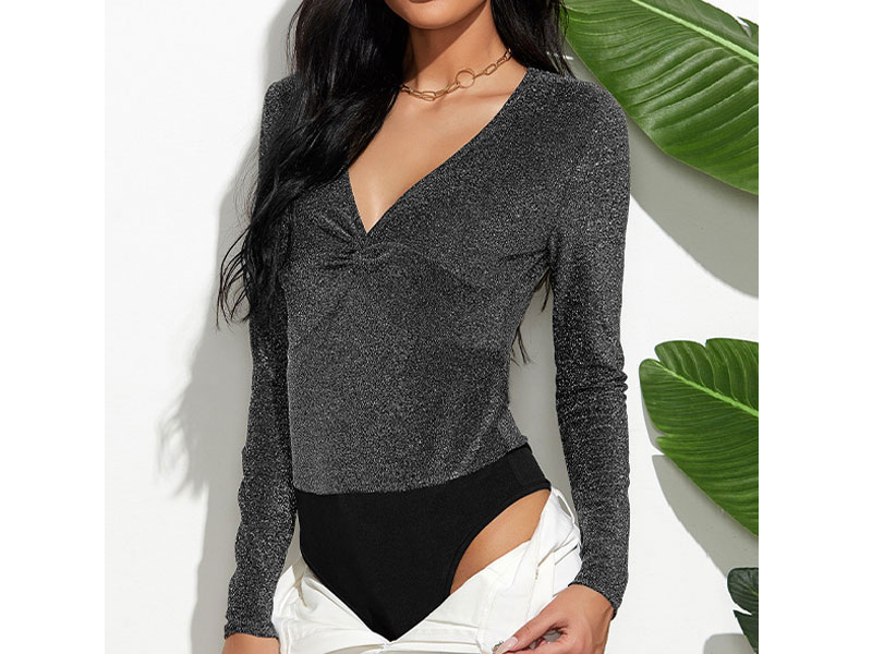 Women's Bodysuit Grey Long Sleeves Pleated Two-Tone Sexy Polyester Sexy Top
