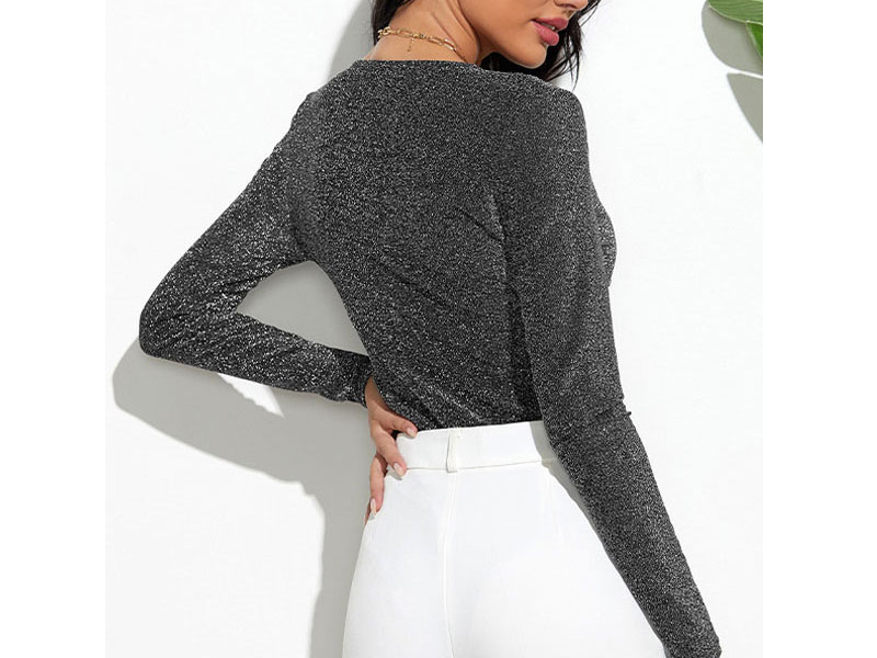Women's Bodysuit Grey Long Sleeves Pleated Two-Tone Sexy Polyester Sexy Top
