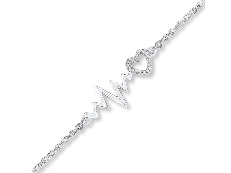 Women's Heartbeat Anklet Diamond Accents Sterling Silver