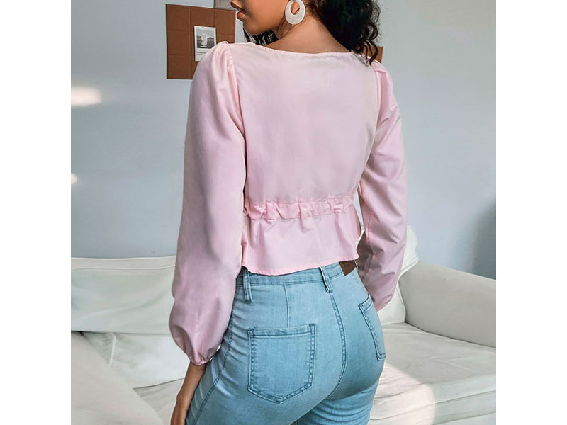 Women's Blouse Light Pink Polyester Sweetheart Neck Long Sleeves Casual Top
