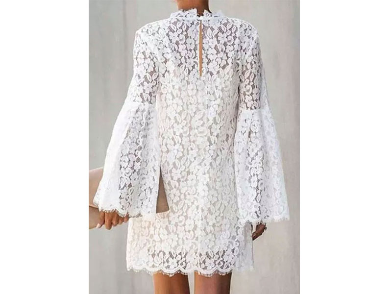 Women's Floral Lace Splicing Flare Sleeve Mini Dress White