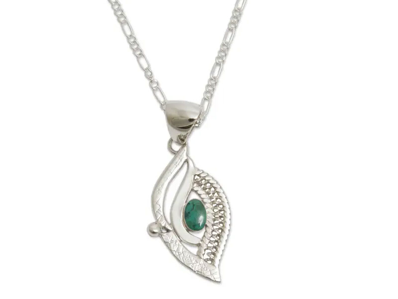 Women's Chrysocolla on Sterling Silver Pendant Necklace From Peru Forest Leaf