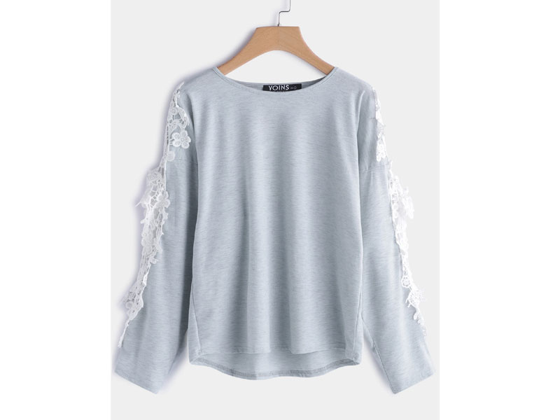 Grey Cut Out Plain Round Neck Lace Insert Long Sleeves T-shirt