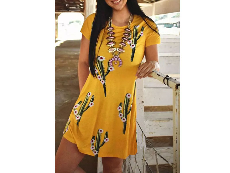 Women's Western Cactus Floral O-Neck Mini Dress Yellow