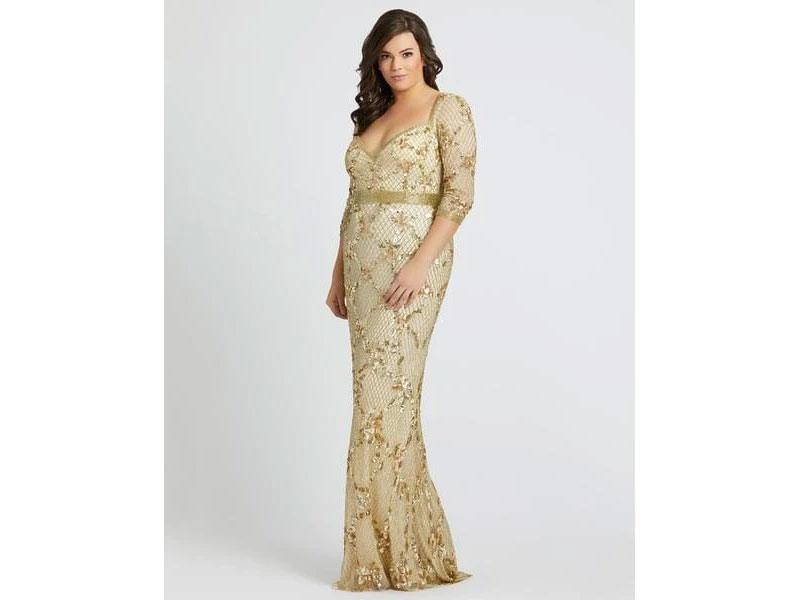 Women's Ac Duggal Fabulouss Gold Sequined V-Neck Trumpet Gown Dress