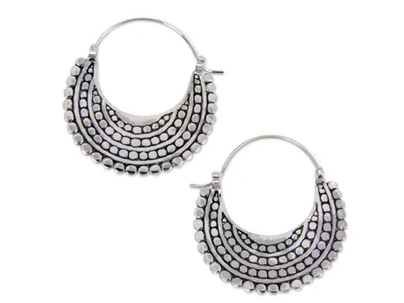 Women's Artisan Crafted Sterling Silver Hoop Style Earrings Moon Sliver